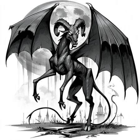 Score_7_up, score_8_up, csr style,full body, jerseydevil, monster, wings, long tail, full body, curled horns, feral, black skin, blank eyes, white eyes, hooves, farmland, nighttime, full moon, monochrome, black and white