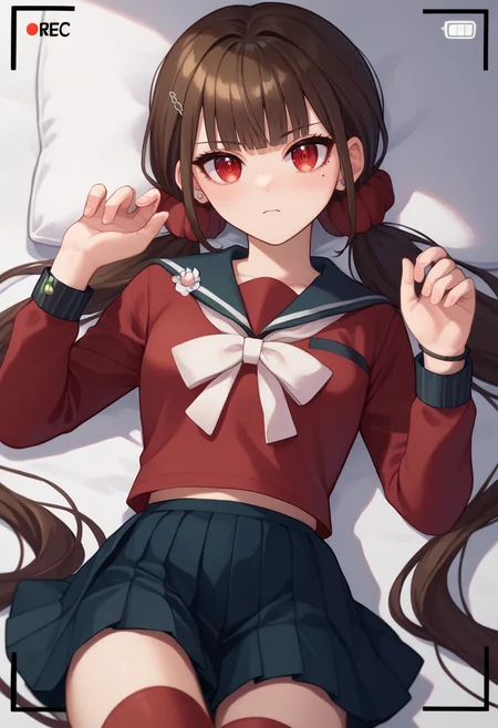 score_9, score_8_up, score_7_up, source anime , 1girl, camera frame , <lora:Camera frame-000016:1> <lora:MakiV2F:1> Harumaki, 1girl, low twintails, red eyes, brown hair, mole under eye, hairclip, red shirt, brooch, pleated skirt, white bow, red thighhighs, red scrunchie, on back, hands up,