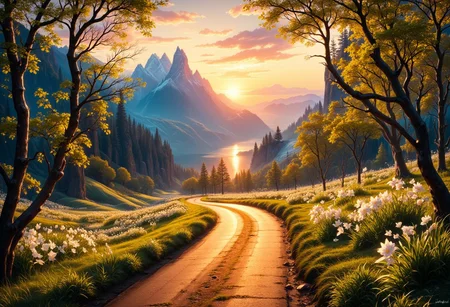 A golden road winds through a misty valley towards towering mountains surrounding a large lake. The setting sun goes below the horizon, painting the sky in vivid hues of red, orange, and gold. Ancient white birch trees line the path, their spring green leaves awakening to the dawn's first light, petals glowing with an ethereal radiance. Dew-kissed grass sparkles as sunbeams dance across the landscape. small patches of snow is melting. Wispy clouds catch the evening light, transforming into floating islands of color. In the distance, the mountains' peaks submerge in shadow, their crystal spires glinting in the day's brilliance. As the world stirs to life, luminous white flowers curl up along the roadside, their soft glow harmonizing with the green leaves.