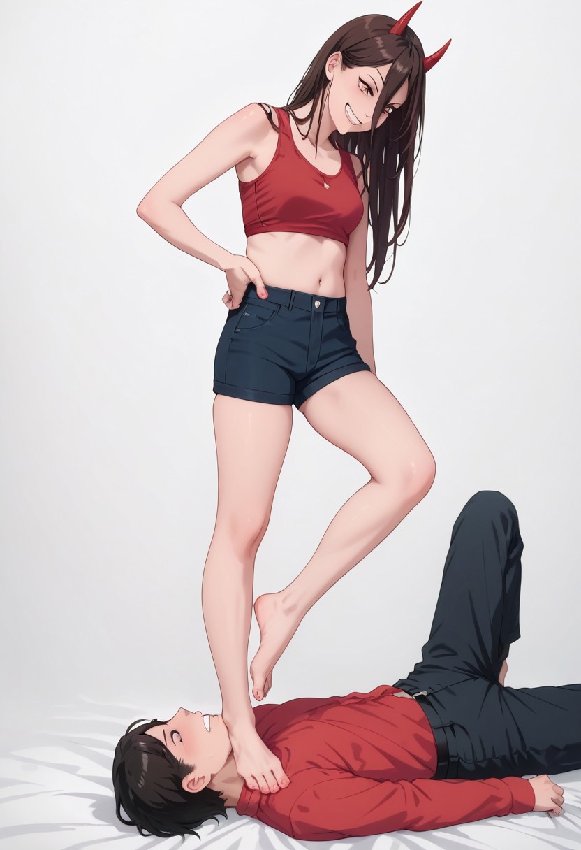 score_9,score_8_up,score_7_up,score_6_up,score_5_up,score_4_up,score_anime,
best quality ,absurdres, Cinematic Lighting, femdom, ThroatStanding, standing on throat, neck trample, trampling, foot domination, 
1girl (power_v1, red horns, long hair, hair between eyes, red shirt , shorts,, skinny, petite, skindentation, looking down, tramples with one foot, evil grin), 
BREAK 
1guy (lies face up, guy's face, submissive guy, choking, writhing in pain, neck is deformed from pressure of foot), squeezing neck with feet