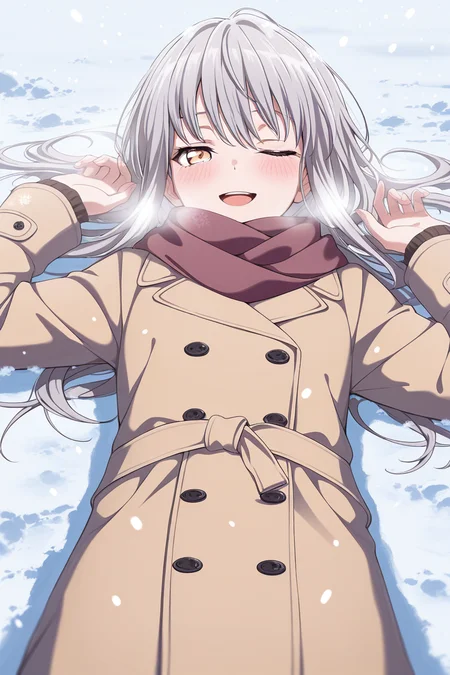 masterpiece, best quality, amazing quality,
<lora:Yukina_IL:1> yukina, 1girl, one eye closed, scarf, solo, lying, long hair, on back, snow, blush, yellow eyes, coat, smile, grey hair, looking at viewer, snowing, long sleeves, open mouth