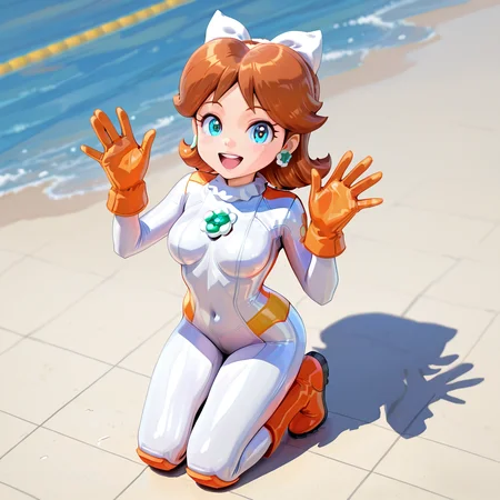 1girl, daisymkwbiker <lora:Daisy MKW Adventure Outfits Illustrious V2:.8>, white body suit, orange boots, orange gloves, waving, kneeling