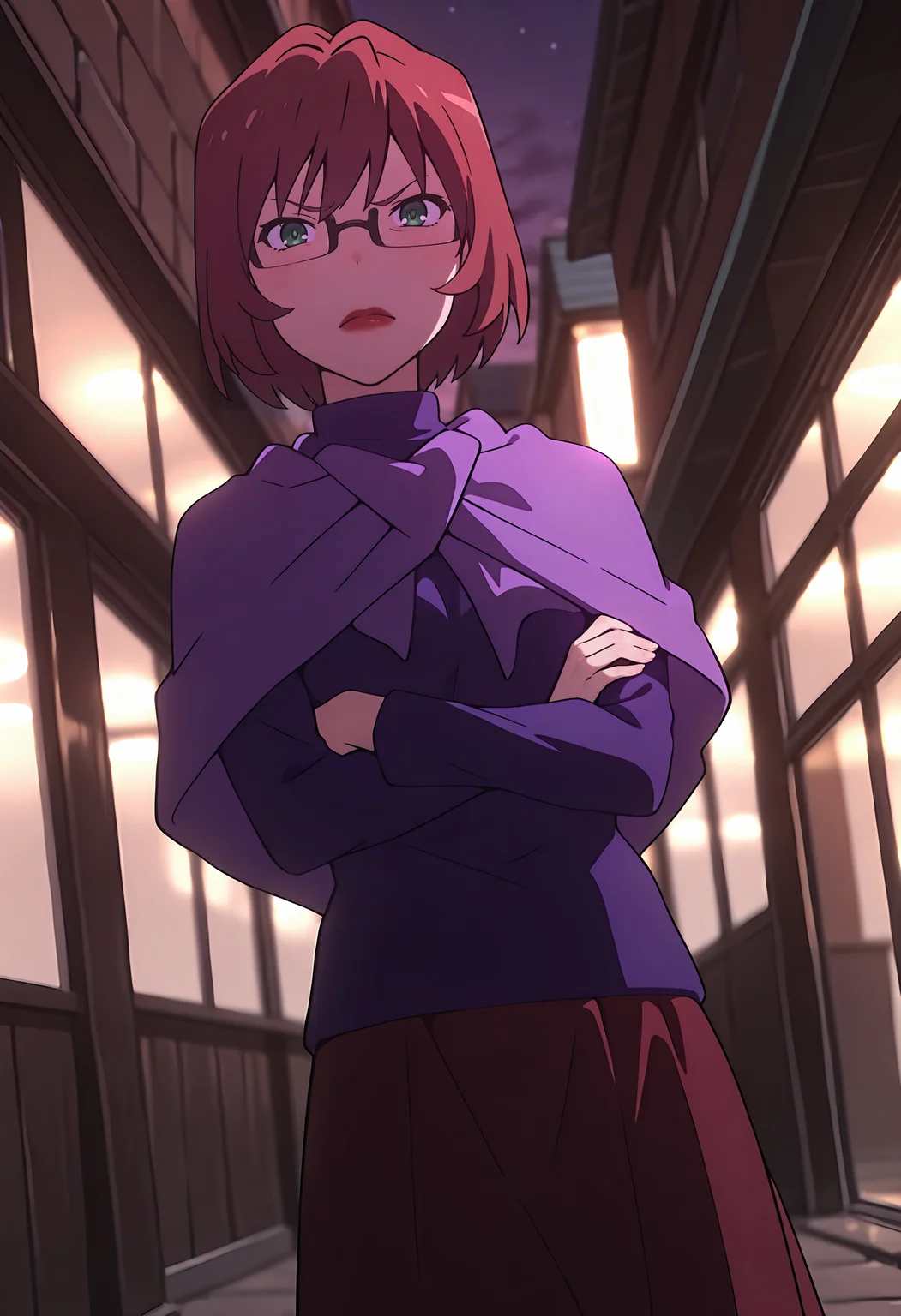 best quality, amazing quality, perfect quality, high quality, masterpiece, absolutely eye-catching BREAK
<lora:Toradora_-_Taiga's_Mother:1> ToradoraYuu, dark green eyes, red hair, short hair, wispy bangs, glasses, semi-rimless eyewear, red lipstick, small breasts, mature female BREAK
purple sweater, capelet, red skirt, long skirt BREAK
outdoors, street, building, night sky, dark BREAK
1girl, solo, standing, crossed arms, looking at viewer, angry, cowboy shot, dutch angle