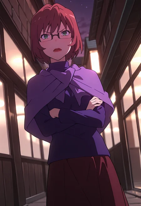best quality, amazing quality, perfect quality, high quality, masterpiece, absolutely eye-catching BREAK
<lora:Toradora_-_Taiga's_Mother:1> ToradoraYuu, dark green eyes, red hair, short hair, wispy bangs, glasses, semi-rimless eyewear, red lipstick, small breasts, mature female BREAK
purple sweater, capelet, red skirt, long skirt BREAK
outdoors, street, building, night sky, dark BREAK
1girl, solo, standing, crossed arms, looking at viewer, angry, cowboy shot, dutch angle