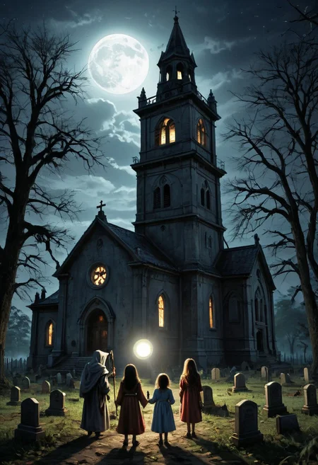 masterpiece, best quality,
digital artwork of creepy old church, 3 kids in Halloween costumes holding flash lights,
japanesehorrorclassics,
full moon, night, cosmic rays, haunted place, abandoned old church, graveyard, giant bell tower, wide shot, old trees, forest background, tombstones, scary, paranoia, feeling like someone is watching you, ruined, dirty, cemetery, fear, dread, 
(low angle:1.3), focus on old tower,
cinematic, horror, creepy atmosphere, intricate, detailed, rays of light,