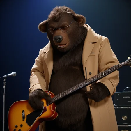 ted bedderhead, big bear, tall, dark brown fur, belly, standing tall, glasses, black nose, wearing coat, playing a guitar, in a music hall