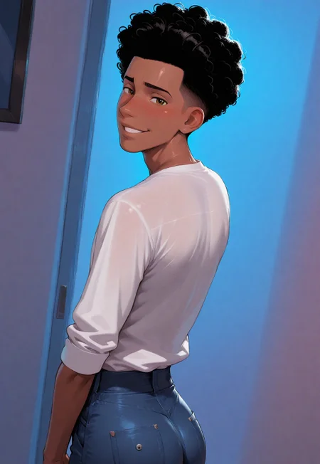 score_9, score_8_up, score_7_up, Masterpiece, Best Quality, beautiful eyes, detailed eyes, male focus, dynamic angle, dim lighting, blush lines, male focus, solo, face focus, back, back view, looking back at viewer, seductive smile, teeth, cowboy shot, standing,
((male)), ((mature)), ((adult)), handsome, sexy, ((skinny)), ((slim)), ((slender)), ((twink)), white shirt, tight blue jeans, small ass,
M1lesMorales, dark skin, black hair, curly hair, undercut, hazel eyes