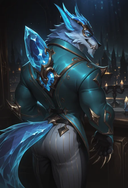 masterpiece, best quality, amazing quality, solo, 1boy, PWWarwick, suit, pants, crystal on back, tail, claws