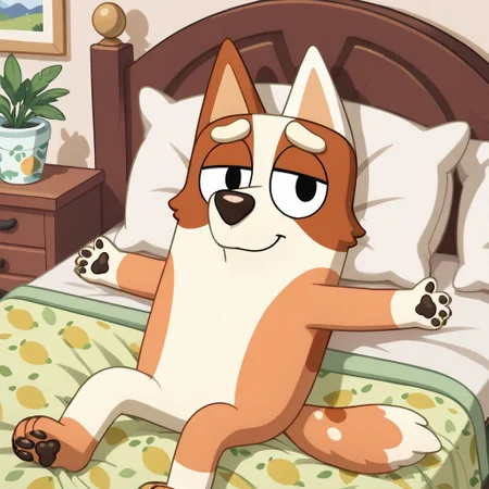 score_9, score_8_up, score_7_up, score_6_up, score_5_up, score_4_up, bluey style, masterpiece, high quality, realistic, detailed, best quality, white bed, solo, rating_safe, source_furry, bedroom, smile, smiling, (looking at viewer), good_hands, lying on back, brandy_bluey, dog, canine, brown fur, white fur, two-toned fur, white left ear, tail, female, 1girl, black eyes, anthro