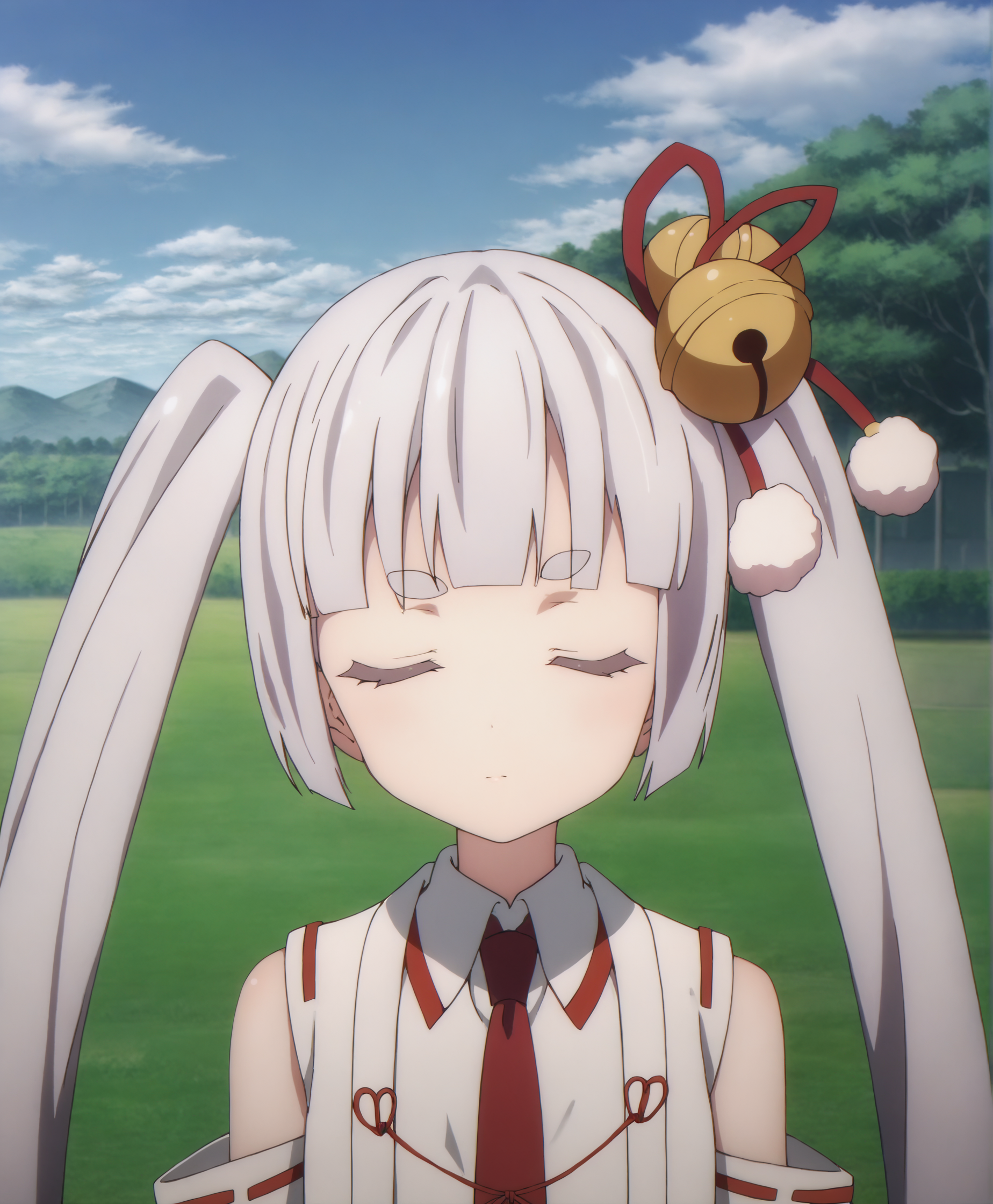 score_9, score_8_up, score_7_up, highres, hi res, best quality, masterpiece, 2d, intricate details, 4k, anime coloring, shadow, uncensored,
1girl, solo, long hair, hair ornament, ribbon, very long hair, twintails, closed eyes, white hair, hair ribbon, red ribbon, bell, thick eyebrows, jingle bell, hair bell, short eyebrows, 
shirt, bare shoulders, white shirt, necktie, detached sleeves, japanese clothes, red necktie, ribbon trim, ribbon-trimmed sleeves, miko,
upper body, portrait, 
outdoors, on grass, grass, field, depth of field, horizon, field, blue sky, cloudy sky, mountains, forests, tree, <lora:Tsukuyo_Inaba1024_Pony:1>, busou shoujo machiavellism, tsukuyo inaba,