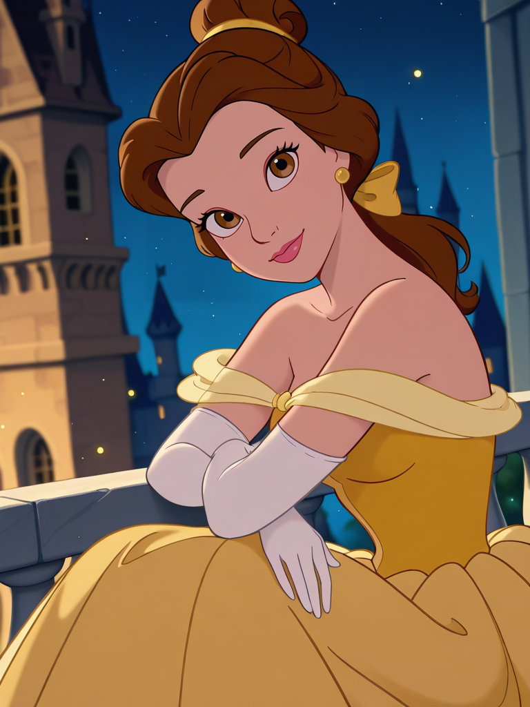 (official style:1.1), screencap, blurry background
1girl, medium breasts, (BelleXL:1.1), bow, brown hair, brown eyes, yellow dress, off-shoulder dress, white shirt, long dress, elbow gloves, jewelry, ponytail, single hair bun, lipstick, floating hair, makeup, 
light smile, dutch angle, cute pose, happy, looking at viewer, sitting on balcony, garden outside, princess castle, indoors, night sky, portrait, dynamic pose, cowboy shot, hands down, head tilt, light particles, from side,
 <lora:Belle-IL:1>