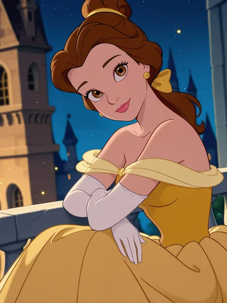 (official style:1.1), screencap, blurry background
1girl, medium breasts, (BelleXL:1.1), bow, brown hair, brown eyes, yellow dress, off-shoulder dress, white shirt, long dress, elbow gloves, jewelry, ponytail, single hair bun, lipstick, floating hair, makeup, 
light smile, dutch angle, cute pose, happy, looking at viewer, sitting on balcony, garden outside, princess castle, indoors, night sky, portrait, dynamic pose, cowboy shot, hands down, head tilt, light particles, from side,
 <lora:Belle-IL:1>