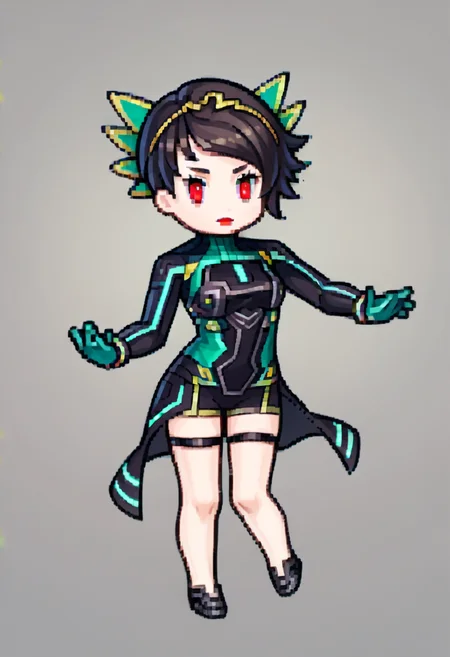 score_9, score_8_up, score_7_up, source_anime, 1girl, <lora:Feh-Sprites-pdxl_Fp:1> simple background, chibi, full body, <lora:zs_PanagiaYokoXL:1> panagiayokosmtvv, short hair, black hair, swept bangs, headband, red eyes, red lipstick, turtleneck, bodysuit, skirt, green gloves, thigh strap, black shoes