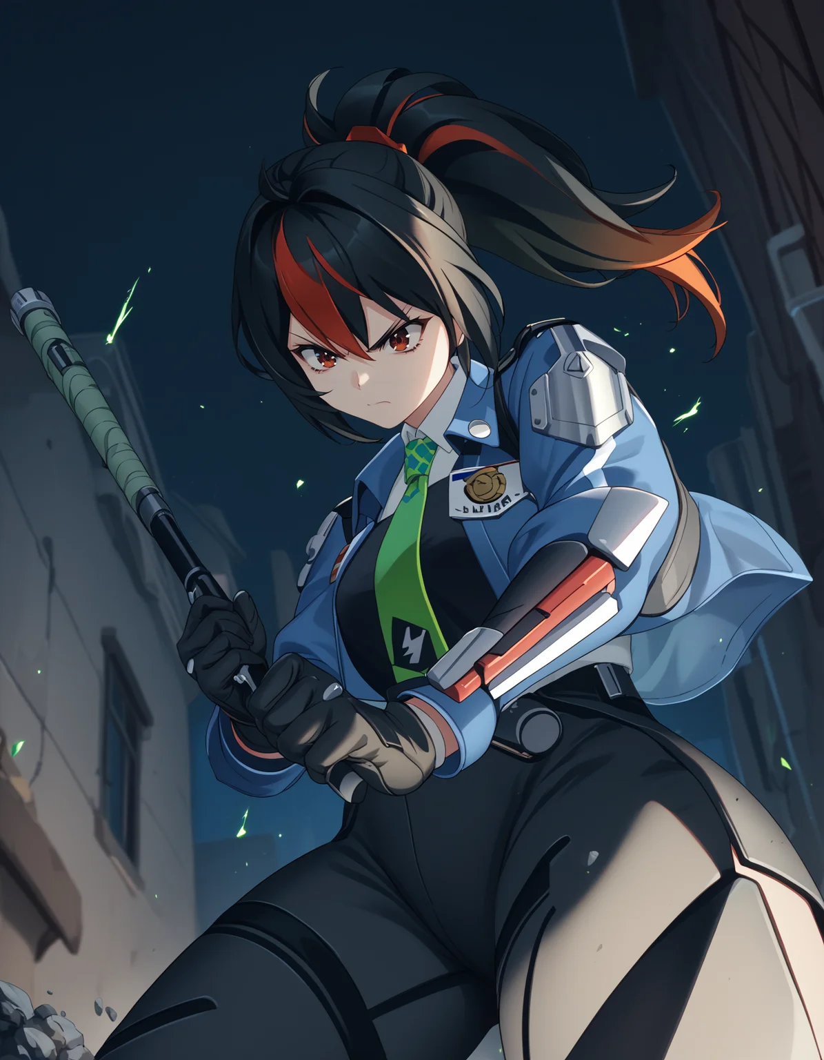 score_9, score_8_up, score_7_up, <lora:Tsunashima_Shirou_Jinki_Style-000009:0.8> <lora:zzz-pack-v6-ponyxl-000031:0.8:lbw=0,0,0,0,0,0,1,1,0,0,0,0> zhuyuan, ponytail, cropped jacket, collared shirt, green necktie, black gloves,
1girl, solo, angry, intense, baton \(weapon\), floating rock, from below, struggling, battle, close-up, alley, night