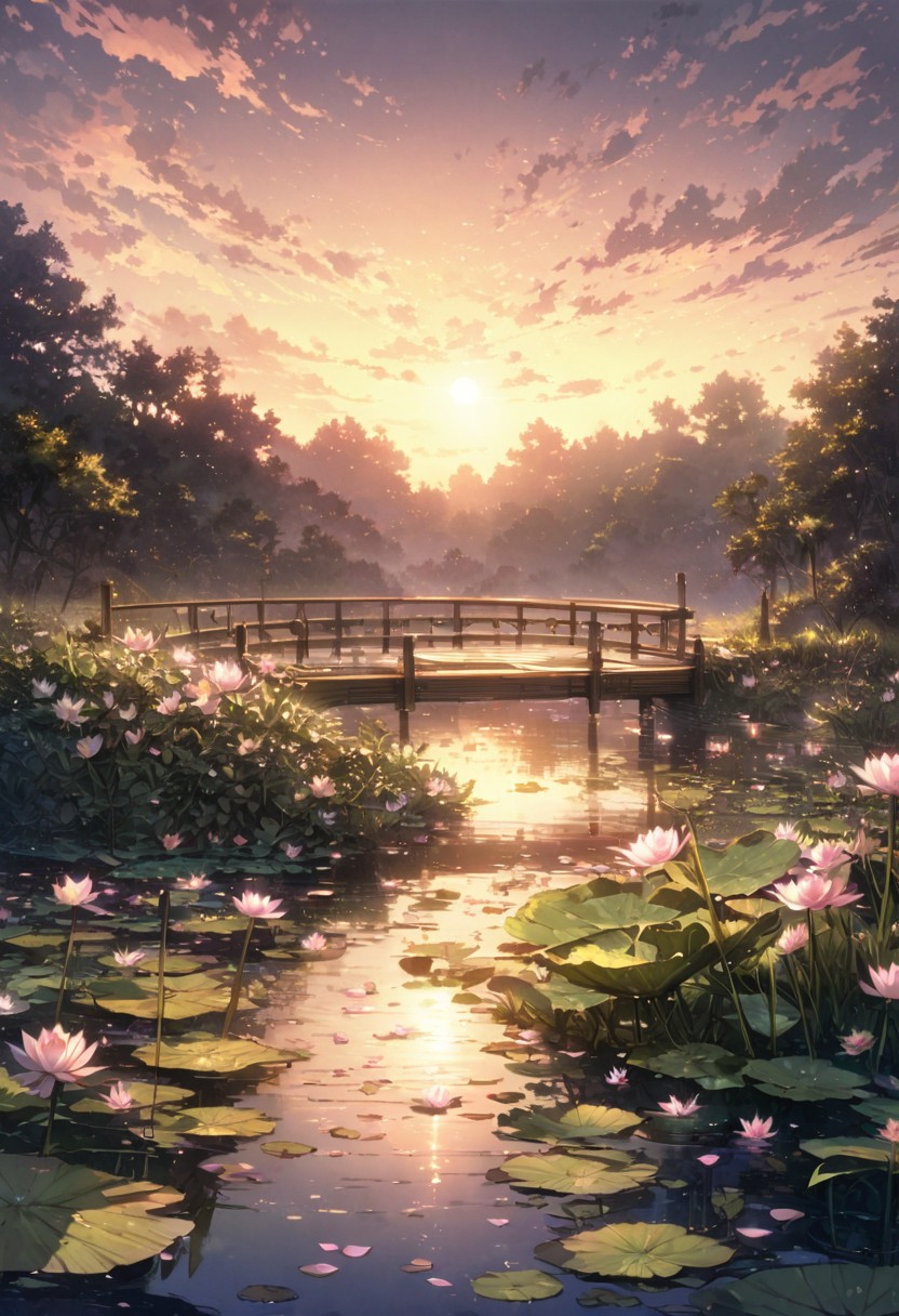 detailed background,( Calm spring night landscape), amongst lush greenery, beautiful view, Water lilies in full bloom, Water lilies, Unexplored, early morning, sunrise sky, beautiful clouds, dappled sunlight, beautiful, Tranquil Lake, Walkway, petals dancing in the wind, depth of field, masterpiece, best quality, ultra-detailed, very aesthetic, illustration, perfect composition, intricate details, absurdres, moody lighting, wisps of light, no humans,