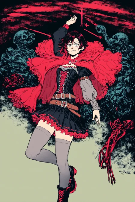 score_9, score_8_up, score_7_up, rwby, ruby rose, arm belt, belt, belt buckle, black belt, black dress, black footwear, black hair, boots, brown belt, buckle, chest belt, cloak, cross-laced clothes, cross-laced dress, dress, frilled dress, frills, grey thighhighs, hood, hooded cloak, long sleeves, multiple belts, pleated skirt, puffy long sleeves, puffy sleeves, red belt, red cloak, shoe belt, short hair, solo, solo focus, portrait, , black background, Balancing on one foot with arms outstretched., <lora:godiva_color:1.3>