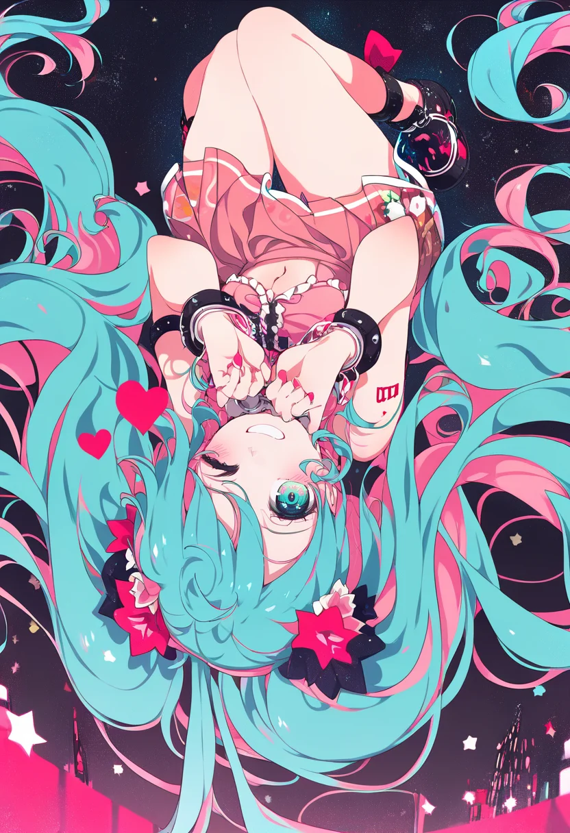 score_9, score_8_up, score_7_up, score_6_up, <lora:ogipoteXL_P6_lokr_V42310:0.95> 1girl, hatsune miku, solo, long hair, skirt, upside-down, pink hair, twintails, aqua hair, very long hair, multicolored hair, aqua eyes, hair ornament, navel, heart, midriff, hair flower, looking at viewer, flower, star \(symbol\), frills, two-tone hair, pink skirt, one eye closed, bow, blue hair, cuffs, smile, blue eyes, floating hair