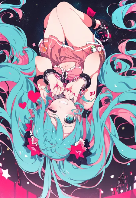 score_9, score_8_up, score_7_up, score_6_up, <lora:ogipoteXL_P6_lokr_V42310:0.95> 1girl, hatsune miku, solo, long hair, skirt, upside-down, pink hair, twintails, aqua hair, very long hair, multicolored hair, aqua eyes, hair ornament, navel, heart, midriff, hair flower, looking at viewer, flower, star \(symbol\), frills, two-tone hair, pink skirt, one eye closed, bow, blue hair, cuffs, smile, blue eyes, floating hair