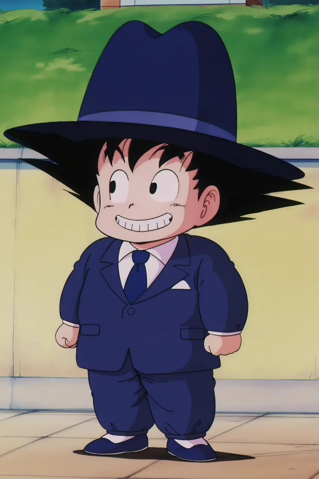 anime screencap, masterpiece, best quality, amazing quality, very aesthetic, absurdres, newest, official style,
solo,
son goku, child, anime coloring, smile, black hair, 1boy, blue headwear, hat, full body, male focus, outdoors, necktie, teeth, grin, black eyes, formal, blue suit, white shirt, collared shirt, spiked hair, blue necktie, shoes, looking at another, male child, clenched hands, chibi, arms at sides, 1980s \(style\), retro artstyle
<lora:SonGoku_IL:0.8>