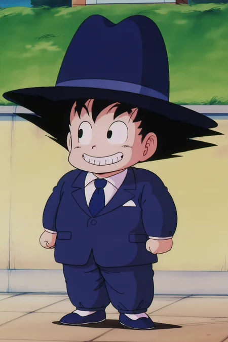 anime screencap, masterpiece, best quality, amazing quality, very aesthetic, absurdres, newest, official style,
solo,
son goku, child, anime coloring, smile, black hair, 1boy, blue headwear, hat, full body, male focus, outdoors, necktie, teeth, grin, black eyes, formal, blue suit, white shirt, collared shirt, spiked hair, blue necktie, shoes, looking at another, male child, clenched hands, chibi, arms at sides, 1980s \(style\), retro artstyle
<lora:SonGoku_IL:0.8>