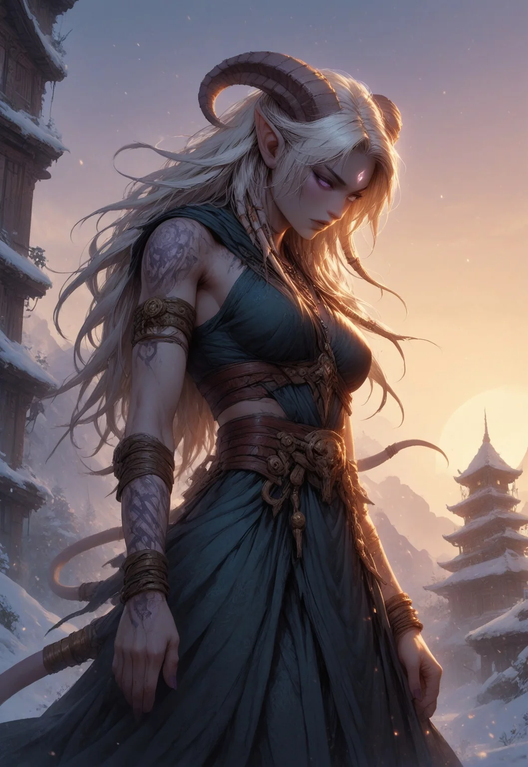 (absurdres, best quality, masterpiece:1.4), score_9, score_8_up, score_7_up, score_6_up, detailed, detailed body, detailed face, world of warcraft, fantasy, <lora:add-detail-xl:1.5>, 

fFaceDetail, SkinDetail, ((female, draenei, tall, athletic arms, pale white skin, long white hair, purple eyes, no pupil, no sclera, long white tail), (h0rns, ram horns, white horns), 
(long fingers, purple fingernails, purple nail polish), hooves),  

GunMonk, shotgun, 

(long loose blue dress, blue silk scarf, tail under dress, simple armlet, small yellow gem pendant), 

outdoors, mountains, temple, snow, evening, low angle, close up, close, 