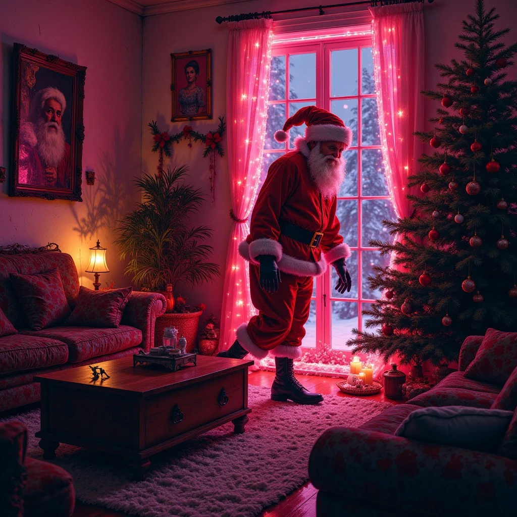 As the night god of winter descends upon the land, a Neon glowing cyber santa bursts through the wall in nice cozy living room adorned with and elves who have lost their minds and want to drink the blood of the innocent