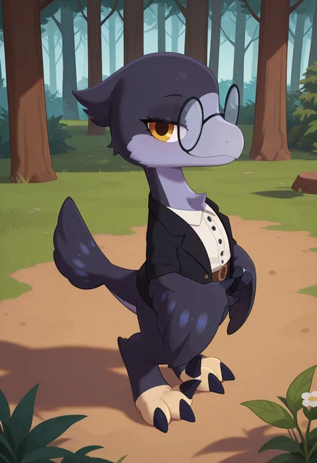1girl, highres, absurdres, newest, masterpiece, best quality, furry, small tail, claws,
reven, female, Microraptor, small dinosaur, dark blue feathered, yellow eyes, 3 fingers, 3 toes, back jacket, white shirt, glasses, detailed eyes, professional lighting, solo, smug, looking_at_viewer, masterpiece, forest, looks at a flower through a magnifying glass