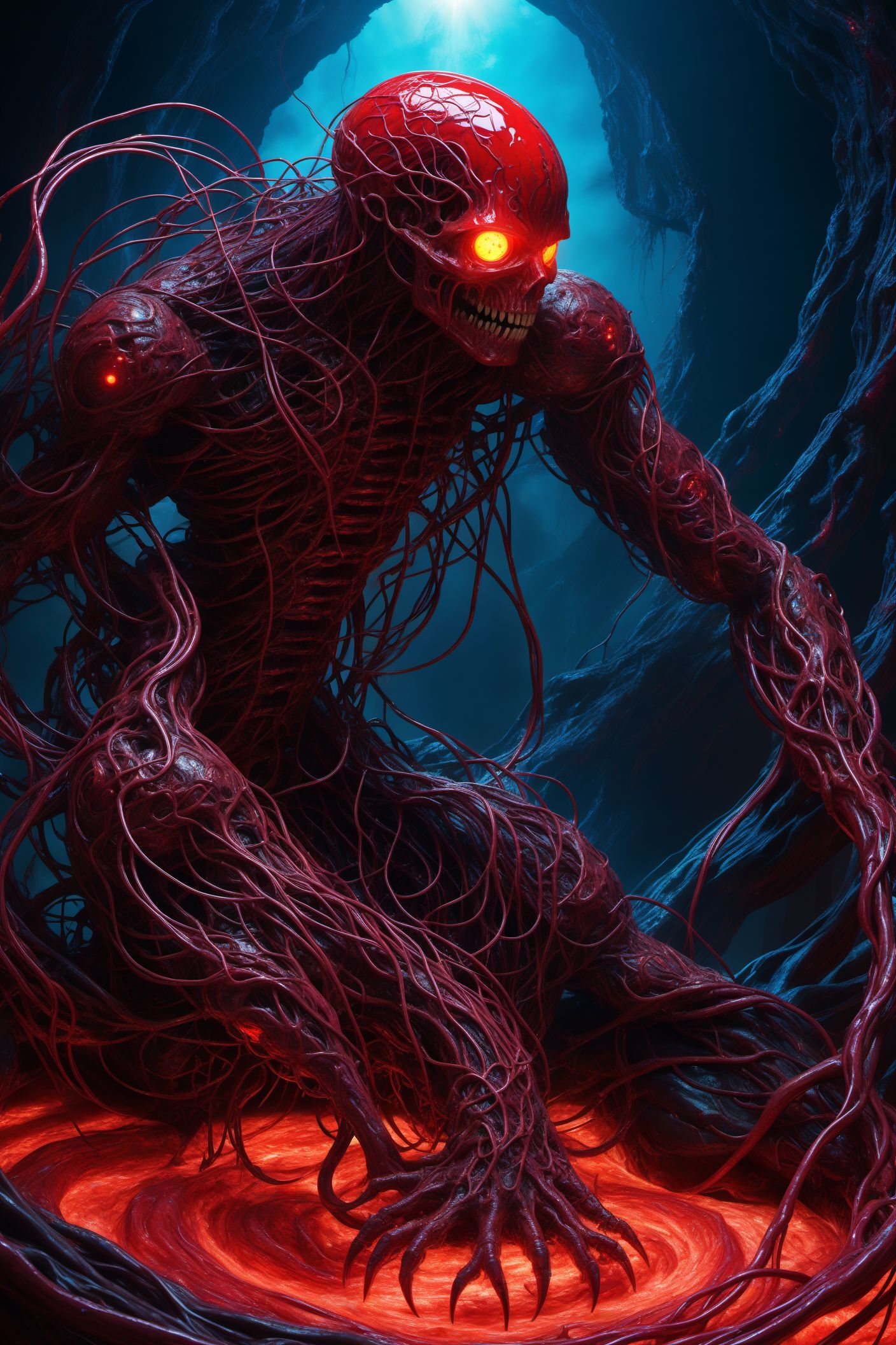 a cybermutant fleshmutant made of pulsating flesh and biomechanical limbs, fusion of flesh and machine, quivering tumors, fleshy growths, mutagenic, cybernetic hoses, wires, anime style, 2d, fighting game style masterpiece, best quality, ultra realistic, 32k, RAW photo, detail skin, 8k uhd, dslr, high quality, film grain,\nShort and messy hair, dynamic, vibrant, action-packed, detailed character design, reminiscent of fighting video games, black bloody veins growing and intertwining out of the darkness, oozing thick neon rainbow blood, veins growing and pumping blood, vascular networks growing, connecting, expanding, red veins everywhere, zdzislaw beksinski, (vibrant colors:1.1), (Infrared:1.2), Rust, Hypercube, ultra detailed, intricate, oil on canvas, ((dry brush, ultra sharp)), (surrealism:1.1), (disturbing:1.1), beksinski style painting, sparks, lens flare, rim lighting, backlighting, RTX, Post Processing, satanic cross, man body, muscular, venom costume, (japanese portal), death shadow nightmare ethereal beast, floating into the abyssal heights, nebula, cinematic, dreaming, Film light, bathing in light, very sharp focus, Hyper detailed, Hyper realistic, masterpiece, spiritual, surreal, atmospheric, maroon cream bronze, High resolution, Vibrant, High contrast, dark angle, 8k, HDR, 500px, dystopian
 <lora:ab0m1:0.4>, ab0m