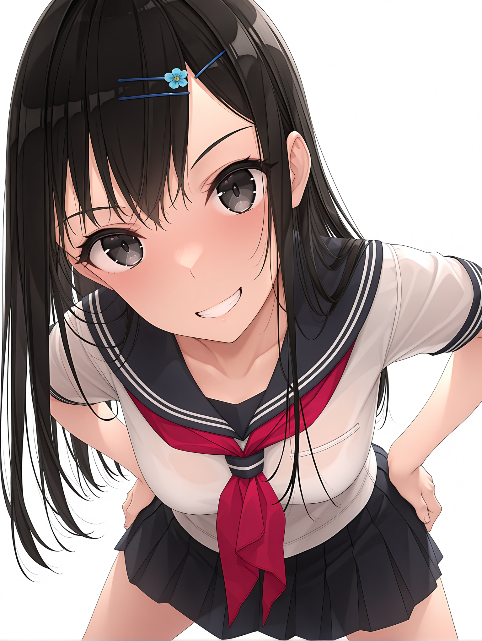 masterpiece,best quality,newest,
1girl,solo,
<lora:ikuta_risa_ilxl_v1.1:1>,risa,hairclip,black hair,black eyes,r_clothes,
<lora:Fixhands_anime_bdsqlsz_V1:1>,simple background,white background,looking_at_viewer,hands_on_hips,grin,upper_body,spread legs,standing,bent_over,leaning_forward,from_above,looking_up,pov,light_blush,