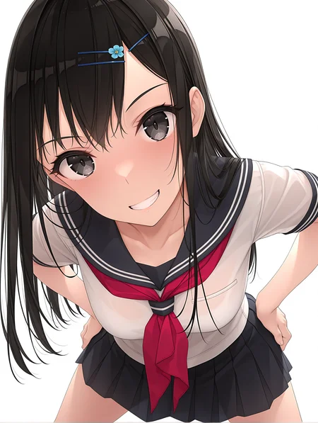 masterpiece,best quality,newest,
1girl,solo,
<lora:ikuta_risa_ilxl_v1.1:1>,risa,hairclip,black hair,black eyes,r_clothes,
<lora:Fixhands_anime_bdsqlsz_V1:1>,simple background,white background,looking_at_viewer,hands_on_hips,grin,upper_body,spread legs,standing,bent_over,leaning_forward,from_above,looking_up,pov,light_blush,