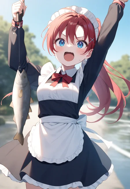 1girl,sincos, ningen mame, toosaka asagi,solo,medium breasts,20yo,maid,maid headdress,
fishing, fish, fishing rod, water, outdoors, day, arms up, splashing, holding fishing rod, standing, ocean, from below, fishing line, <lora:fishing_XL_v1:0.8>
cowboy shot, looking up, red hair, blue eyes,determined, open mouth, ponytail hair,,
best quality, very aesthetic, absurdres