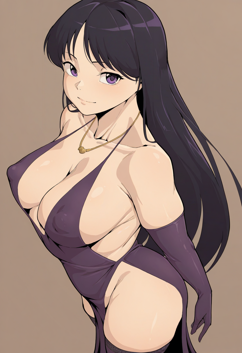 masterpiece, best quality,<lora:owasobi:1> 0w4s0b1,
1girl, solo,
From behind
looking at viewer, light smile,
hino rei,black hair, long hair, purple eyes, 
cocktail dress, revealing clothes, cleavage, collarbone, necklace, elbow gloves, thighhighs, covered nipples,
simple background, Bronze  background,