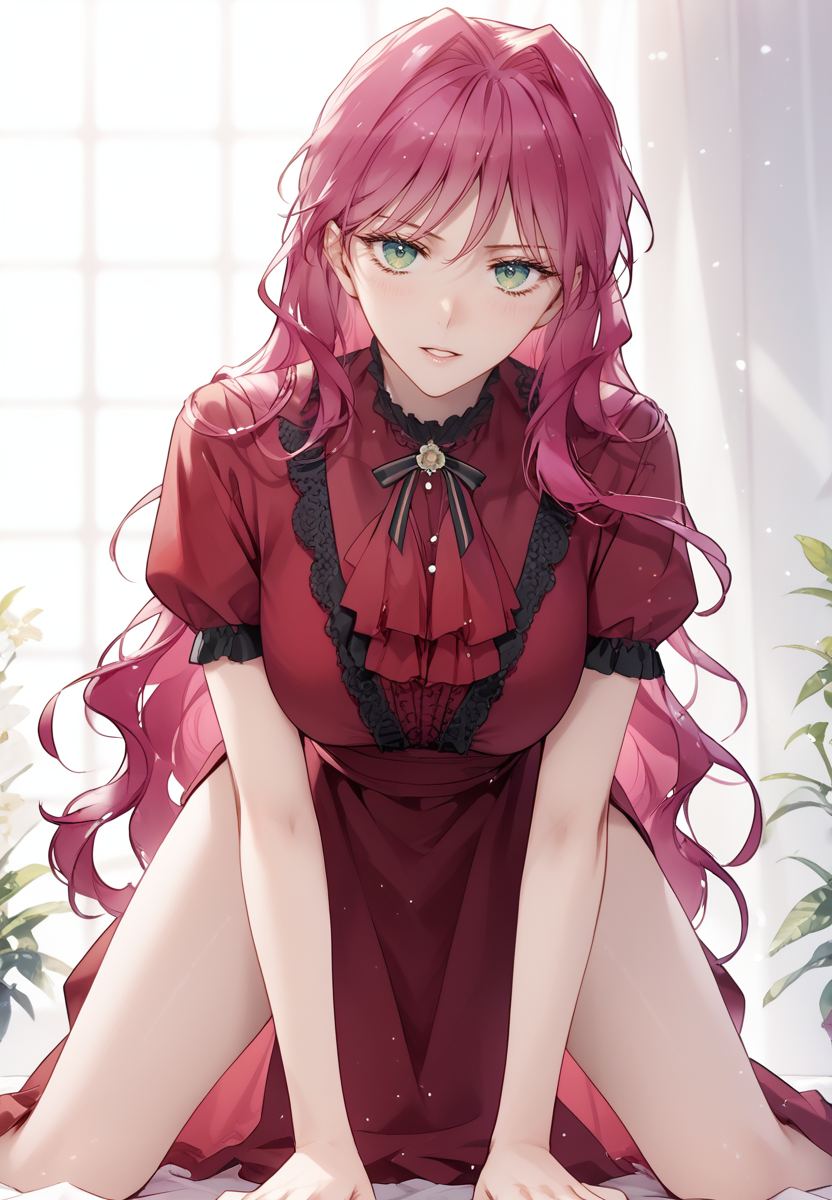 zPDXL3, score_9_up, score_8_up, score_7_up, (Anime_source),Masterpiece,(perfect female body:1.2), small waist,(incredibly detailed:1.4), slim, beautiful fingers, beautiful white skin, Beautiful clear skin, (large breasts:1.4)  thighs, looking at viewer, big breasts, ass, perfect ass, <lora:Penelope_Eckhart_-_Death_Is_the_Only_Ending_for_the_Villainess-Kaleid-PONY:0.8> penelopeeckhart, 1girl,  pink hair, green eyes, (leaning forward:1.4) (spread legs:1.3), red dress, long dress, doggystyle, all fours,