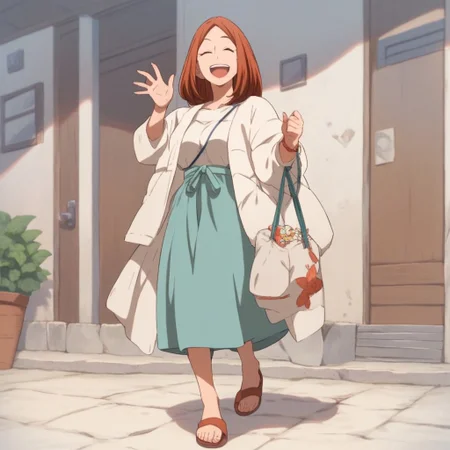 <lora:SlimesUrarakasMom:1>, score_9, score_8_up, score_7_up, slimes_urarakasmom, woman, solo, smiling, surprised, eyes closed, full body