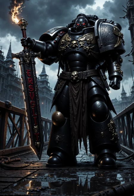 A Powerful DeathW40K space marine, draped in tattered, dark power armor that pulses with a faint, eerie glow, stands on a creaking wooden bridge. He points the tip of a massive, rune-etched sword menacingly at the camera, the blade crackling with dark energy. Shadows swirl around him, and the misty air is thick with tension. red flames flicker within his hollow eyes, reflecting the bridge's warped, splintered planks, over the sword camera view <lora:FluxMythP0rtr4itStyle:0.7> <lora:FluxDeathW40K:1>