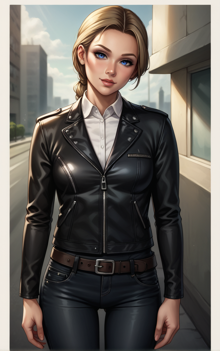score_9, score_8_up, score_7_up, BREAK
Jacket_AlanWake_ownwaifu, 
1girl, blonde hair, blue eyes, breasts, brown hair, hair behind ear, hair pulled back, single hair bun, short hair, ponytail, single braid, lips, forehead, grey eyes,
black jacket, collared shirt, white shirt, long sleeves, leather jacket, black pants, pants, formal, zipper, jacket, denim, belt, leather, pocket, 
(portrait, head tilt, looking at viewer), straight-on,  white border, bokeh, <lora:PONYXL_GAME_AlanWake_ownwaifu:0.8>, solo,