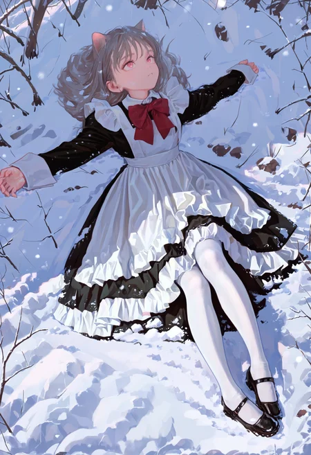 masterpiece, highres, absurdres, newest, very awa, painting \(medium\), (flat color:1.1), outdoors, snow, 1girl, solo, grey hair, pink eyes, cat ears, maid, white apron, frilled dress, long sleeves, wrist cuffs, red bowtie, white pantyhose, mary janes, lying, on back, outstretched arms, legs apart, looking up a viewer, <lora:spo_sdxl_10ep_4k-data_lora_webui>, <lora:illustrious_noobai_epsilon_pred_1_best_quality_v1:0.4>, <lora:FKEY_WAI>,