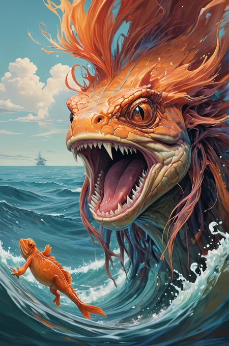 (by Tanya Shatseva:1.1) and (Jack Hughes:1.2) , Digital art, Glitch Art, Ludicrous Angry Newt, soft focus, Surrealism, vibrant colors, dreamlike imagery, symbolic motives, marine art, seascapes, photorealism, detailxl