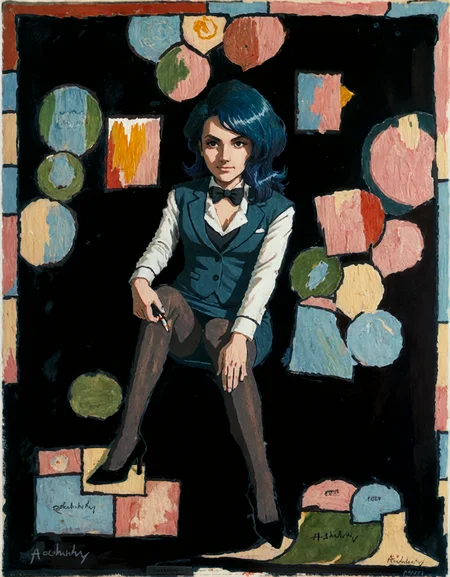 patterns,lines,shapes,expressive brushstrokes <lora:alechinsky_pony_v1:1> ' pmmb 'by alechinsky pierre in 1967,figurative \(genre\),cartographic art,neo-expressionism \(style\),geological phenomenon,the artwork is an abstract painting. the painting features a large,colorful abstract design with a mix of green,yellow,blue,and red colors. <lora:PMMB:1> , (blue hair, black pantyhose, high heels, formal:1.3), score_9, score_6_up, score_7_up