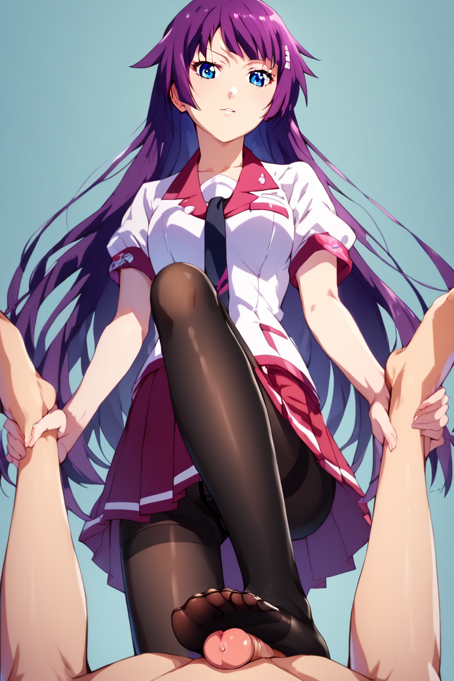 score_9, score_8_up, score_7_up, score_6_up, score_5_up, score_4_up, <lora:hitagi-senjougahara-anime-ponyxl-lora-nochekaiser:0.8>, hitagi senjougahara, bangs, long hair, blue eyes, purple hair, skirt, thighhighs, school uniform, necktie, black thighhighs, zettai ryouiki, naoetsu high school uniform,<lora:Footjob_holding_legs:0.7>, standing, stepped on, footjob, 1girl, 1boy, pov, from below, penis, holding legs, ankle grab, pantyhose, looking down, masterpiece, highres, highly detailed face, highly detailed shining eyes, symmetrical highly detailed eyes, simple background