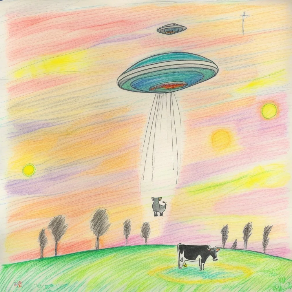 cow, field,( Abduction:1),(cow),(ovni:1) , beam of light,(UFO cow abduction:1.5),starry sky, (night)<lora:crayons_v1_sdxl:1>