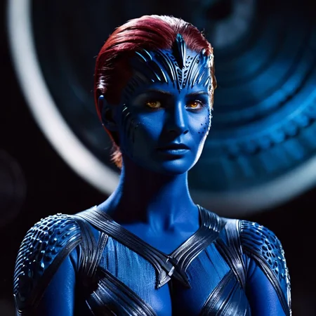 cinematic film still of <lora:Mystique X-Men:1>
Mystique X-Men a woman posing behind a black background, shallow depth of field, vignette, highly detailed, high budget, bokeh, cinemascope, moody, epic, gorgeous, film grain, grainy