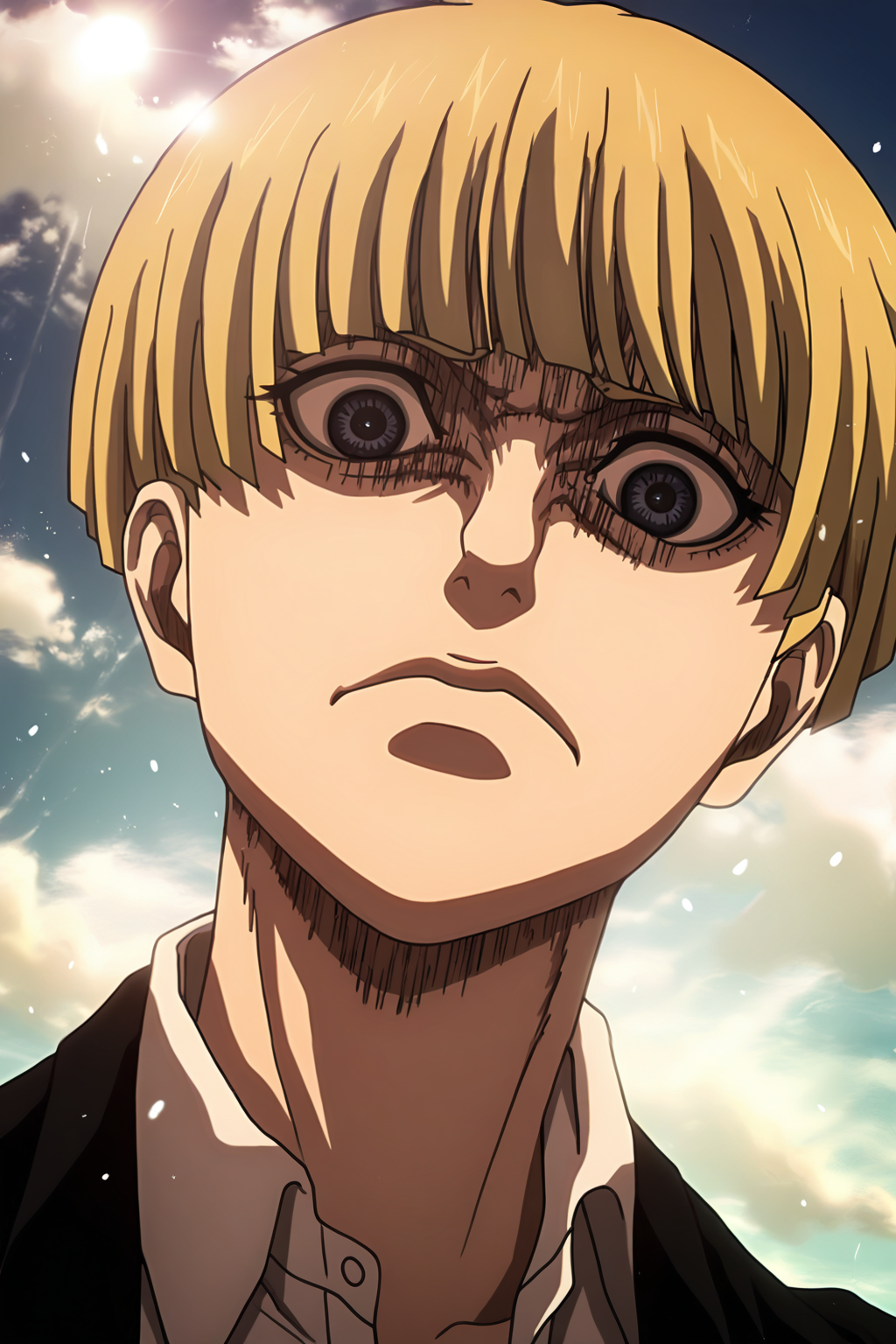 masterpiece, best quality, amazing quality, outdoors
BREAK 1 girl, solo, yelena, blonde hair, dark blue eyes, short hair, bowl cut, formal, white shirt, black jacket, portrait, looking at viewer, view from below, angry, YelenaFacePrdy, shaded face, closed mouth
High resolution, white particles behind, sun reflection, clouds