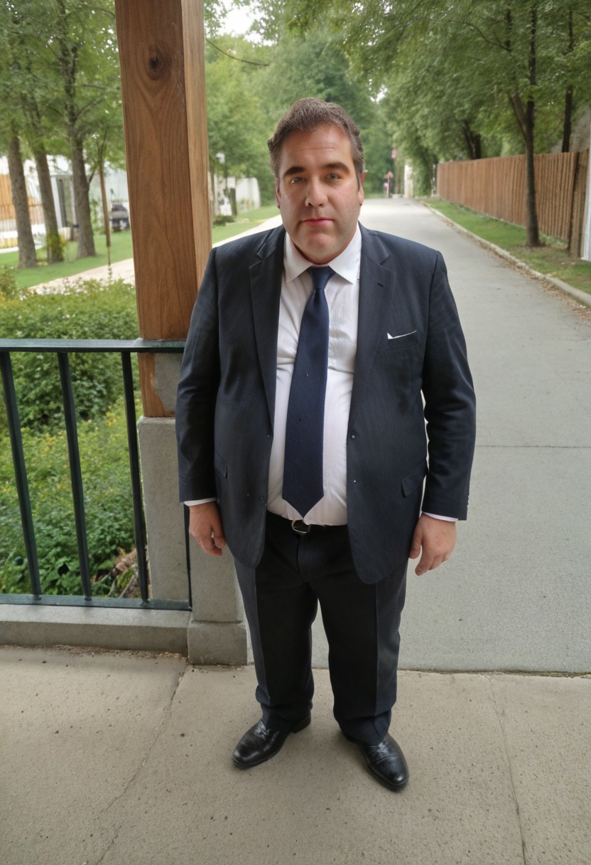 masterpiece, best quality, newest, absurdres, highres, photo, realistic style, full body picture, outside, 1boy, Tubby, fat man hairy man, brunette, green eyes, wearing a suit