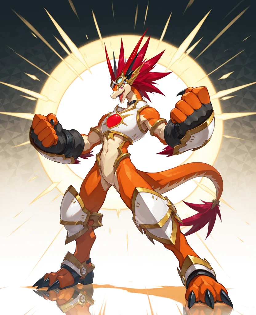 2d, male, Bal Dragon, solo, no human, dragon, dynamic tail pose, red eyes, medium red hair, long horns, armor, claws, teeth, wearing white goggles backward,
BREAK standing, open mouth, smile, full body, abstract background, looking at viewer, gesture, closed-up,
BREAK best quality, amazing quality, very aesthetic, absurdres, newest, masterpiece