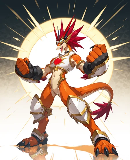 2d, male, Bal Dragon, solo, no human, dragon, dynamic tail pose, red eyes, medium red hair, long horns, armor, claws, teeth, wearing white goggles backward, 
BREAK standing, open mouth, smile, full body, abstract background, looking at viewer, gesture, closed-up,
BREAK best quality, amazing quality, very aesthetic, absurdres, newest, masterpiece