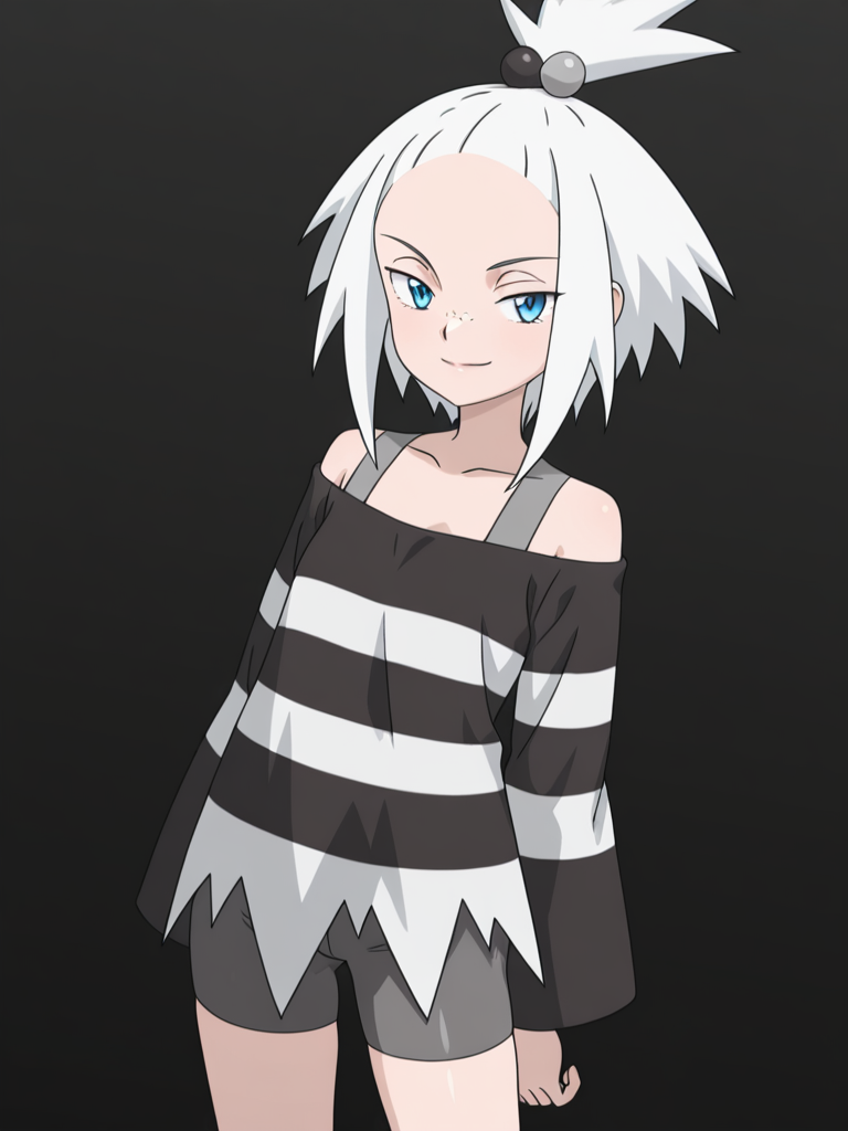 1girl, standing, looking at viewer, upper body, simple background,  seductive smile, 
<lora:roxie_2_pe:0.8>Roxi5, (alternate color,:1.2) 
blue eyes,pale skin, freckles,
white hair, tied in a high,spiky ponytail ,hair ornament, (black and white hair bobbles:1.2),
(gray vest top,:1.1)
loose dress, striped dress,(very dark black and very light white striped,:1.2)
(gray bike shorts,:1.1), masterpiece, high quality, absurdres, best quality, very aesthetic, newest,