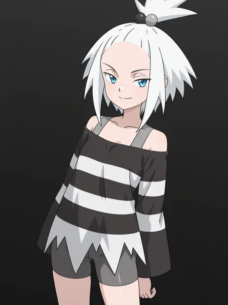 1girl, standing, looking at viewer, upper body, simple background,  seductive smile, 
<lora:roxie_2_pe:0.8>Roxi5, (alternate color,:1.2) 
blue eyes,pale skin, freckles,
white hair, tied in a high,spiky ponytail ,hair ornament, (black and white hair bobbles:1.2),
(gray vest top,:1.1)
loose dress, striped dress,(very dark black and very light white striped,:1.2)
(gray bike shorts,:1.1), masterpiece, high quality, absurdres, best quality, very aesthetic, newest,