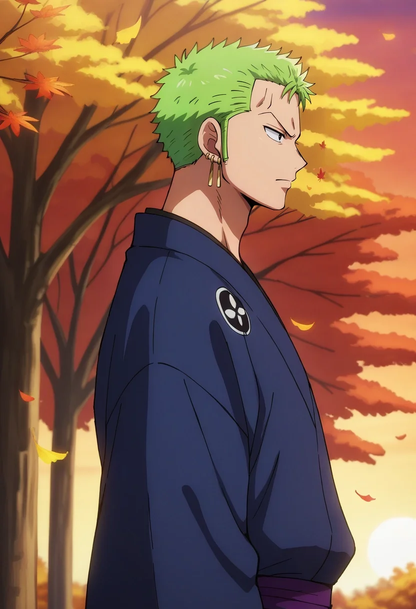masterpiece, best quality, intricate details, anime screencap, anime coloring, , , 1boy, solo, male focus, <lora:zoro_roronoa_ilxl:1>, zoro_roronoa, green hair, black eyes, short hair, wano country arc, chonmage, japanese clothes, kimono, sideburns, earrings, , profile, trees, autumn, leaves, dusk, arm at side, distracted, aloof, oblivious, windbreaker,