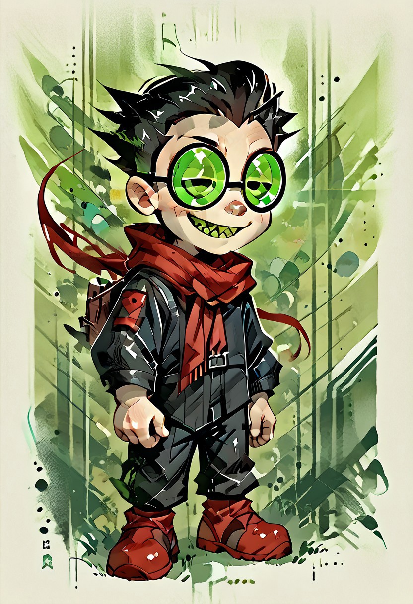 score_9, score_8_up, score_7_up, ETI_Style, highly detailed, cute boy, 1boy, solo, teasing, seductive smile, NergalJR, Black Hair, Green Tinted Glasses , Red Scarf, Red Gloves, Black Jacket, Black Pants, Sharp Teeth, Green Tongue, ETI_Style
full body, full body shot